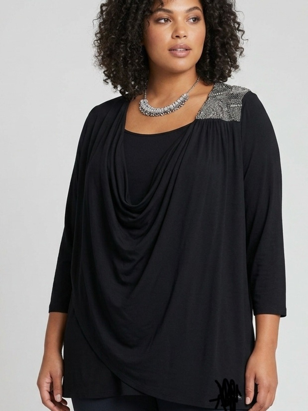 DG2 Black Long Sleeve Silver Bead Shoulder Draped Front 2X